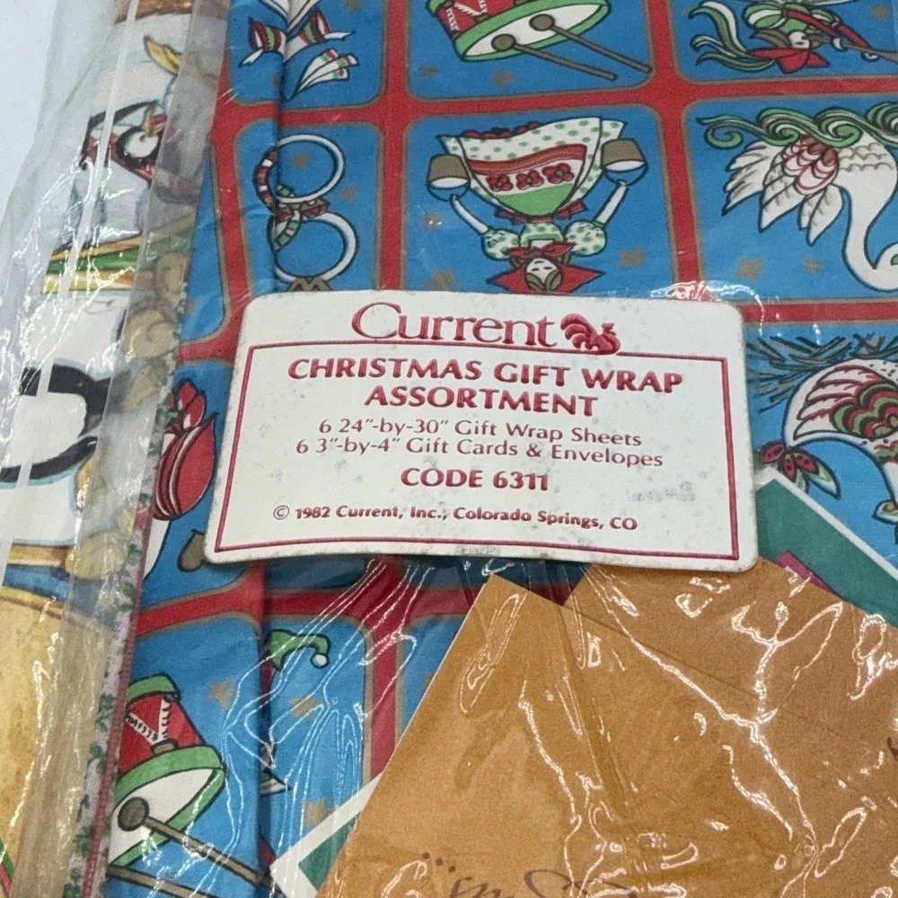 NOS Sheets Vintage Flat Vintage Christmas Gift Wrap + Cards Current Co. 1982